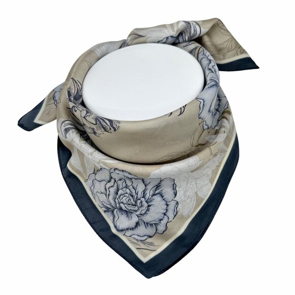 New Elegant Bandana Square Silky Scarf Blue Flowers Garden Versatile Shawl Wrap - Picture 2 of 5